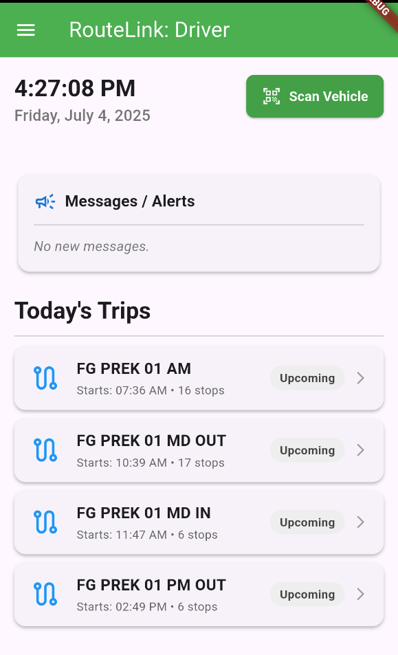Screenshot of the driver messaging interface